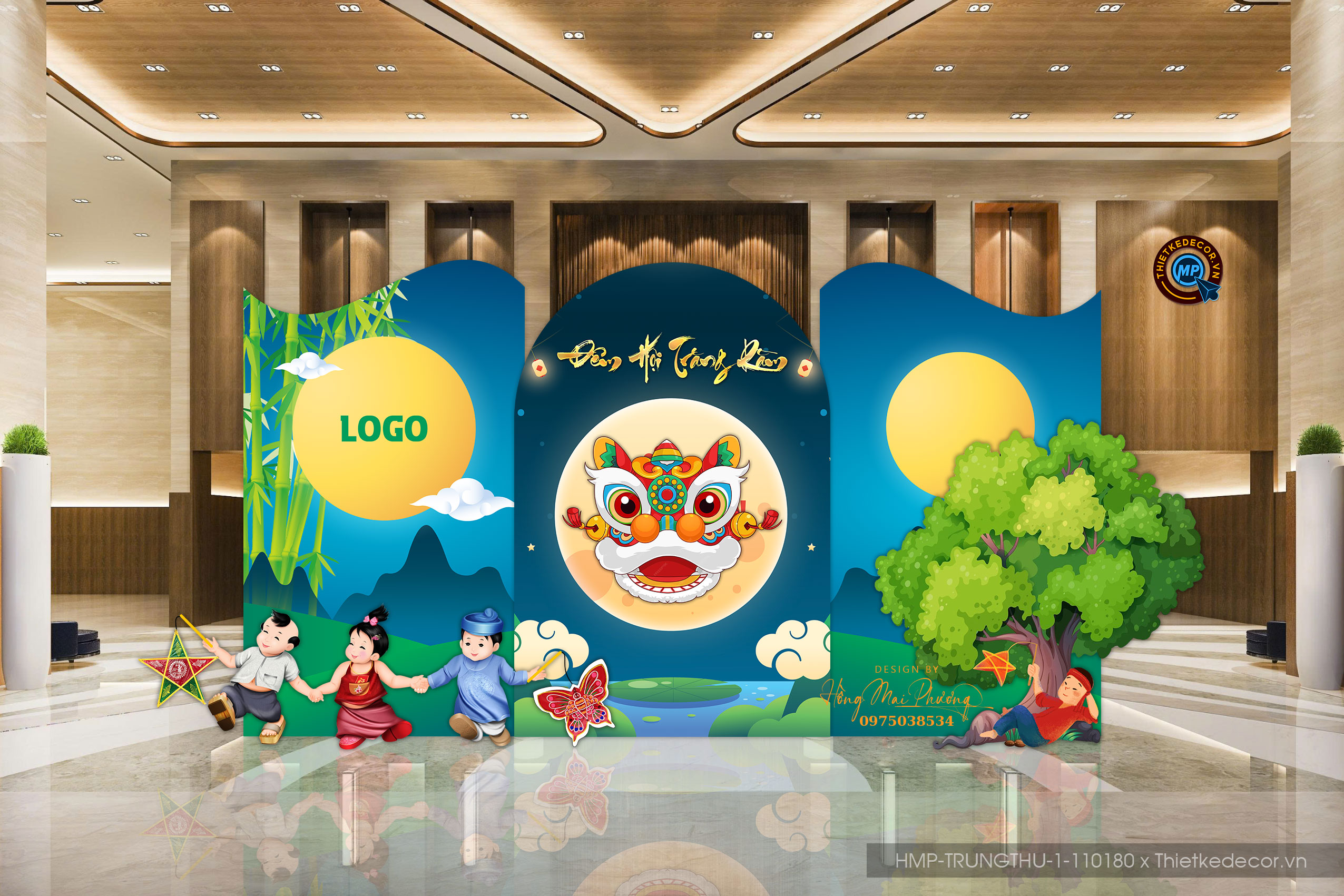 Trung Thu đêm hội trăng rằm, cây đa chú cuội tone xanh lá- xanh dương